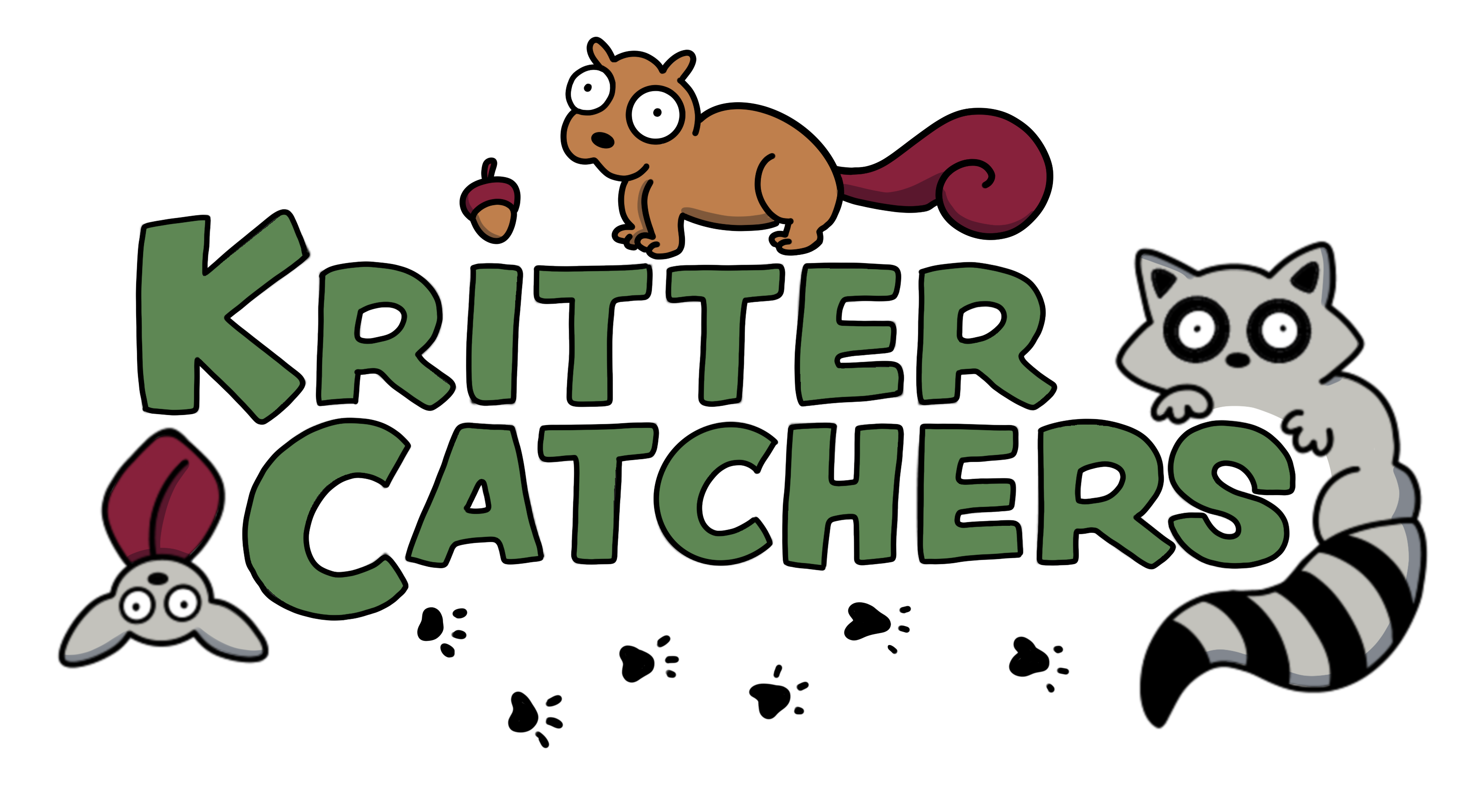 cartoon Squirrel, raccoon and mouse all laying on the word `kritter catchers` 